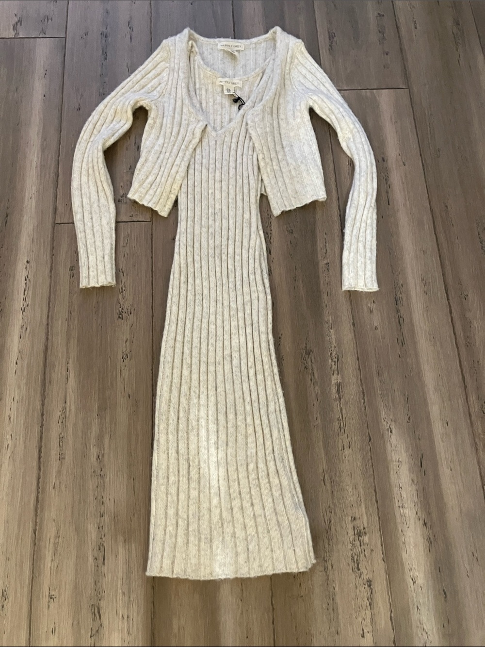 Grey Ribbed V Sweater Midi Dress Open Cardigan Soft Set S